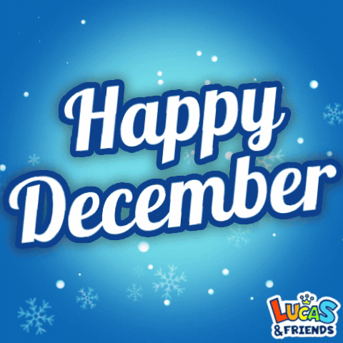 A Blue Background With The Words Happy December Written On It GIF