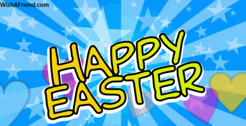 A Blue Background With The Words Happy Easter In Yellow Letters GIF