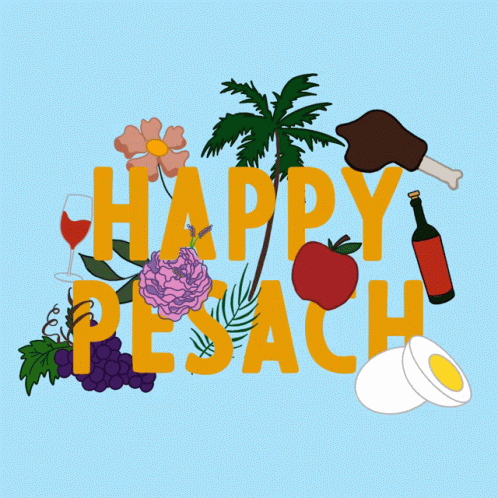 A Blue Background With The Words Happy Pesach Surrounded By Fruits And Vegetables GIF