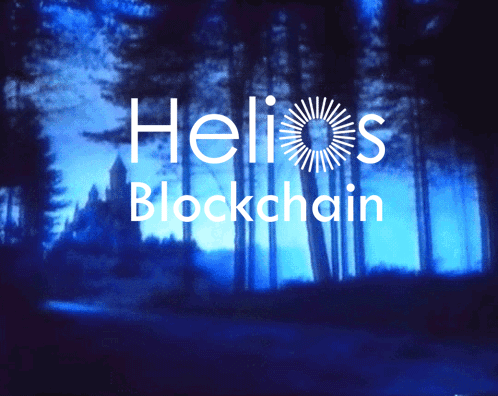 A Blue Background With The Words Helios Blockchain Written On It GIF