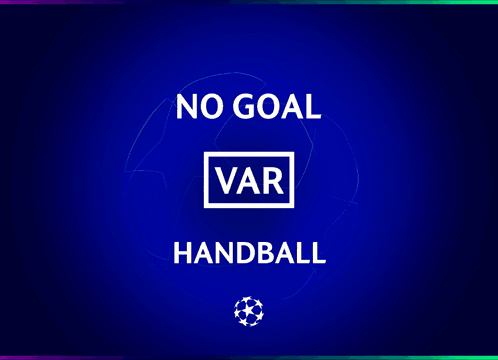 A Blue Background With The Words " No Goal Var Handball " On It GIF