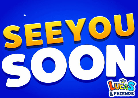 A Blue Background With The Words See You Soon Written In Yellow Letters GIF