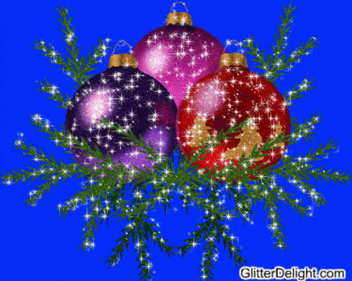 A Blue Background With Three Christmas Ornaments And The Website Glitterdelight.com In The Corner GIF