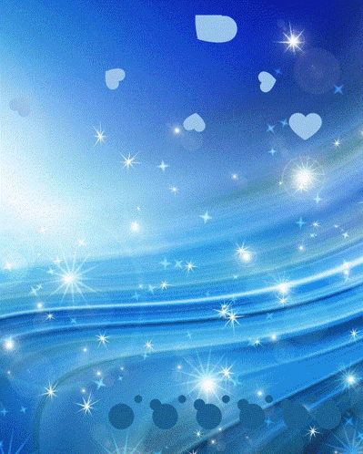 A Blue Background With White Hearts And Stars Floating In The Air GIF