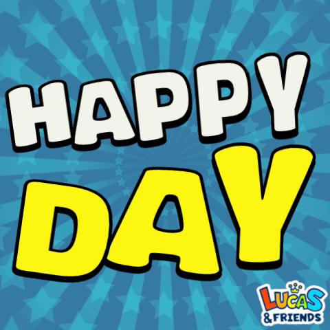 A Blue Background With Yellow Letters That Read Happy Day GIF