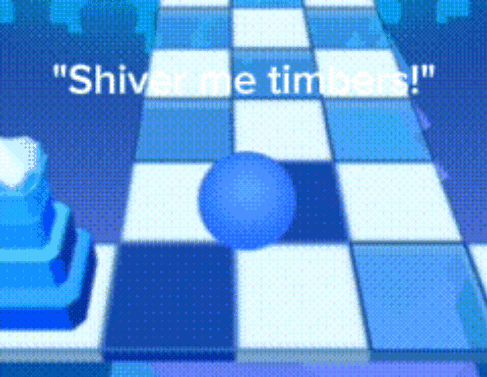 A Blue Ball Is On A Blue And White Checkered Floor With The Words " Shiver Me Timbers " Above It GIF