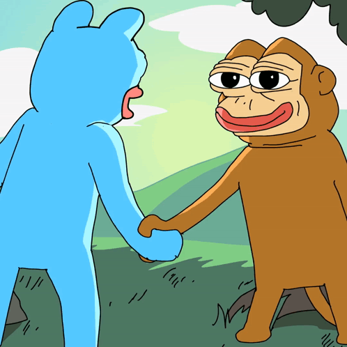 A Blue Bear And A Brown Monkey Shake Hands GIF