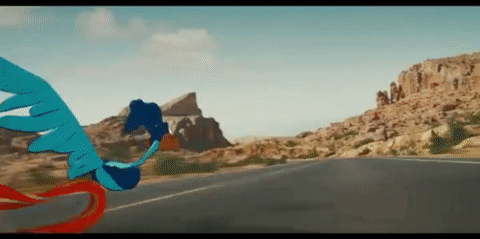 a blue bird is flying over a road in the desert .