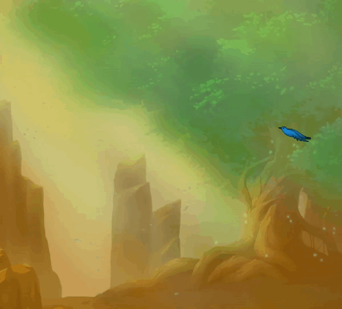 A Blue Bird Is Flying Over A Tree In A Painting GIF