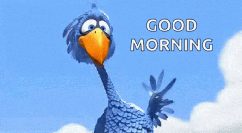 A Blue Bird With A Yellow Beak Is Waving With The Words " Good Morning " Below It GIF