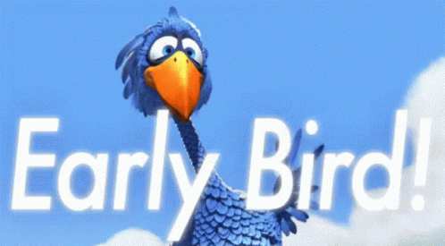 A Blue Bird With An Orange Beak And The Words Early Bird GIF
