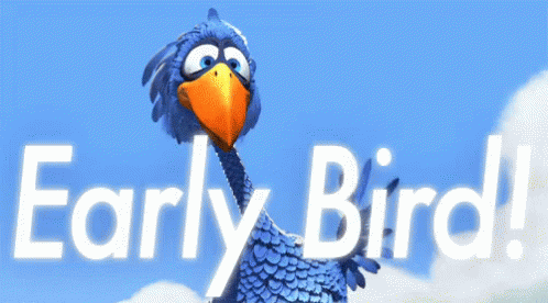 A Blue Bird With An Orange Beak Is Standing In Front Of A Blue Sky With The Words Early Bird Below It GIF