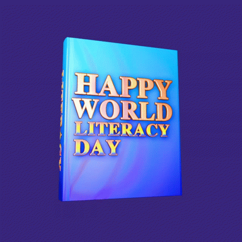 A Blue Book Says Happy World Literacy Day GIF
