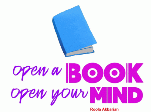 A Blue Book With The Words " Open A Book Open Your Mind " Below It GIF