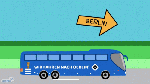a blue bus with wir fahren nach berlin written on it