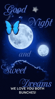A Blue Butterfly Is Flying In Front Of A Full Moon And Says Good Night And Sweet Dreams We Love You Both Bunches GIF