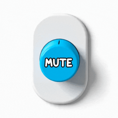 a blue button that says mute on a white surface