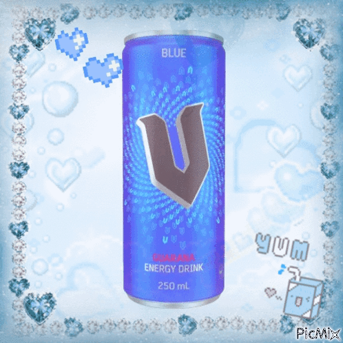 A Blue Can Of V Energy Drink Surrounded By Hearts And Diamonds GIF