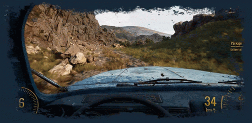 A Blue Car Is Driving Down A Dirt Road And The Dashboard Reads 34 Km / H GIF