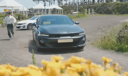 A Blue Car Is Driving Down A Dirt Road Next To A Field Of Yellow Flowers . GIF
