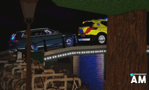 A Blue Car Is Parked On A Bridge Next To A Yellow Car GIF