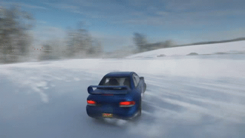A Blue Car With A New York License Plate Is Driving Through Snow GIF