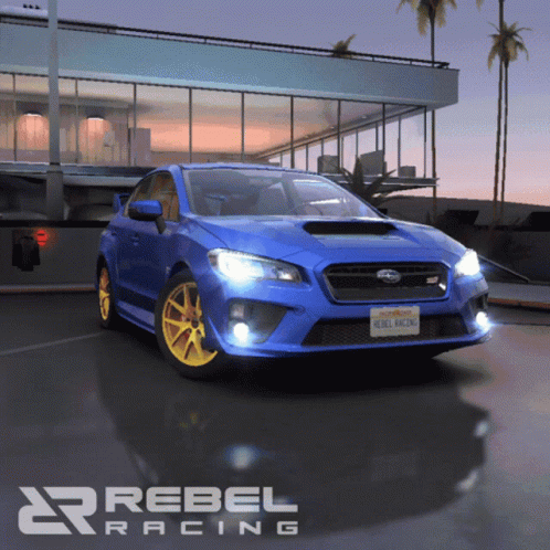 A Blue Car With A Rebel Racing License Plate Is Parked In Front Of A Building GIF