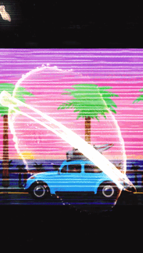 A Blue Car With A Surfboard On Top Of It Is Driving Down A Road GIF