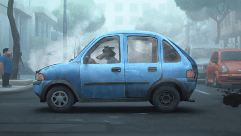 A Blue Car With A Wolf In The Driver 'S Seat Is Driving Down A Street GIF