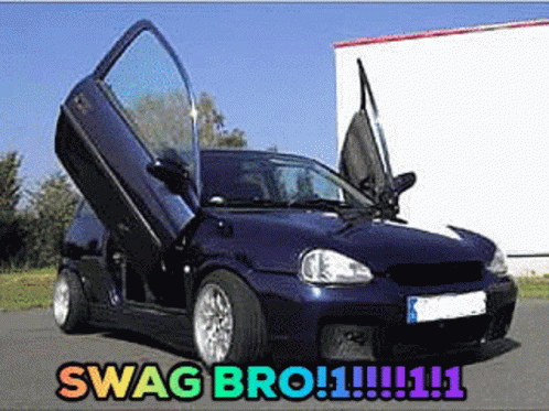 A Blue Car With The Door Open And The Words Swag Bro !!! 111 GIF