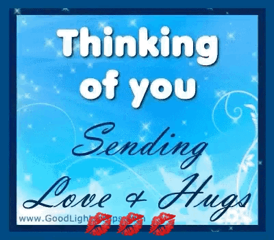 A Blue Card With The Words Thinking Of You Sending Love And Hugs GIF