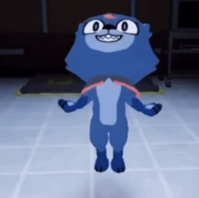 A Blue Cartoon Cat Is Standing On A Tiled Floor With Its Arms Outstretched And Smiling . GIF