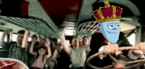 A Blue Cartoon Character Wearing A Crown Is Driving A Car GIF
