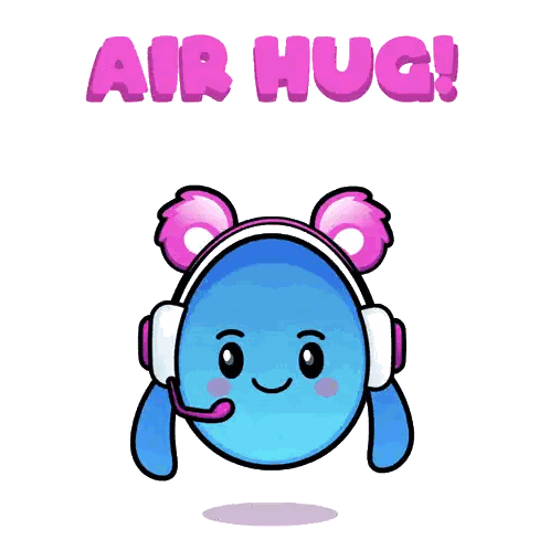 a blue cartoon character wearing headphones and a headset with the words air hug surrounded by pink hearts