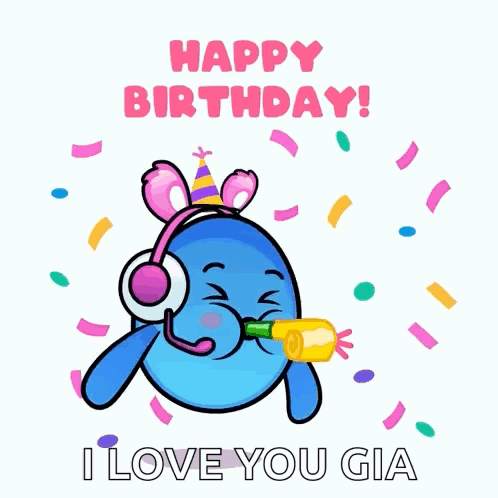 a blue cartoon character wearing headphones and a party hat is blowing a party horn and saying happy birthday i love you