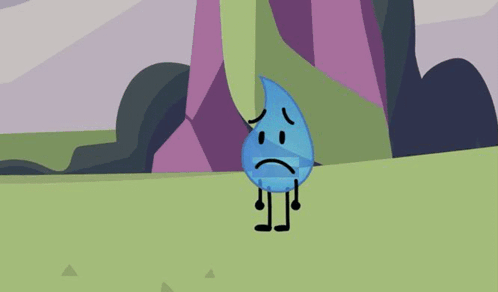 A Blue Cartoon Character With A Sad Face Is Standing In A Field . GIF