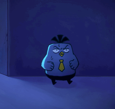 A Blue Cartoon Character With A Yellow Tie Is Standing In The Dark GIF
