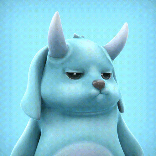 A Blue Cartoon Character With Horns And A Sad Look On Its Face GIF