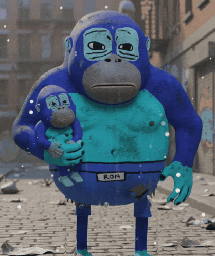 A Blue Cartoon Character With The Name Ron On His Pants GIF