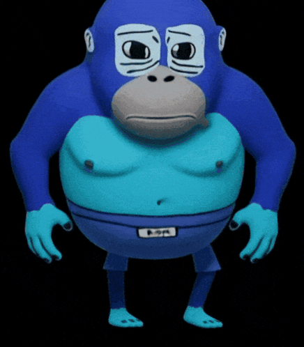 A Blue Cartoon Monkey With A Pop Logo On His Shorts GIF