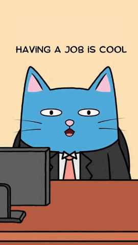 A Blue Cat In A Suit And Tie Is Sitting In Front Of A Computer With The Words " Having A Job Is Cool " GIF