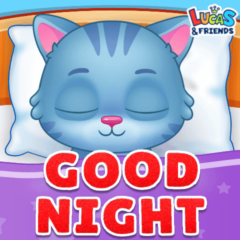 A Blue Cat Is Sleeping In A Bed With The Words " Good Night " Below It GIF