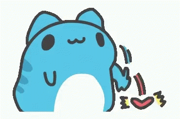 A Blue Cat With A Mustache Is Standing Next To A Pile Of Pieces Of Paper . GIF
