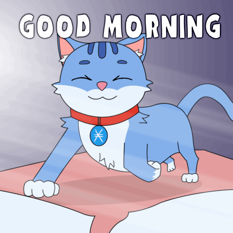 A Blue Cat With A Red Collar Is Laying On A Bed With The Words " Good Morning " Above It GIF