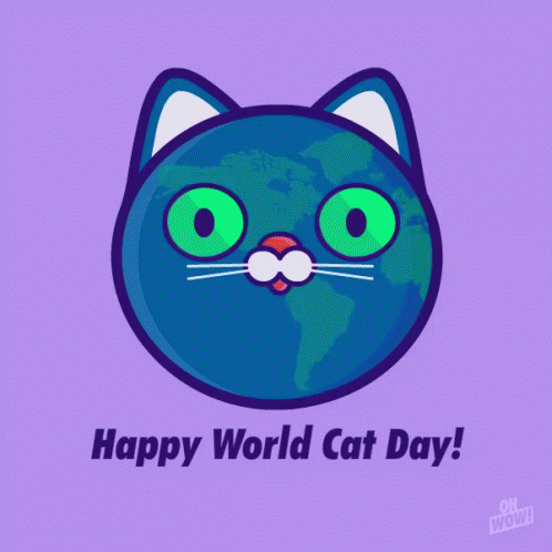 A Blue Cat With Green Eyes And The Words Happy World Cat Day Below It GIF
