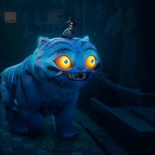 A Blue Cat With Yellow Eyes And A Bird On Its Head Has The Number 60 On Its Paws GIF