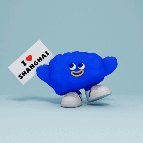 A Blue Character Holding A Sign That Says I Love Shanghai GIF