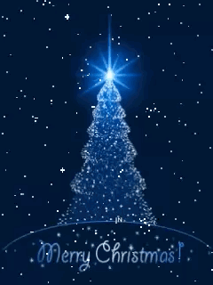 A Blue Christmas Tree With The Words Merry Christmas Written Below It GIF