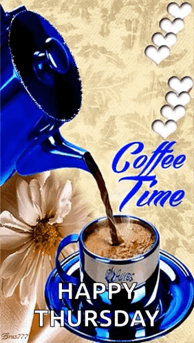 A Blue Coffee Pot Pouring Coffee Into A Cup On A Saucer GIF