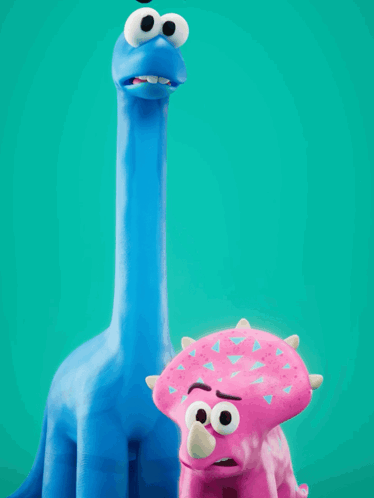A Blue Dinosaur Is Standing Next To A Pink Triceratops GIF